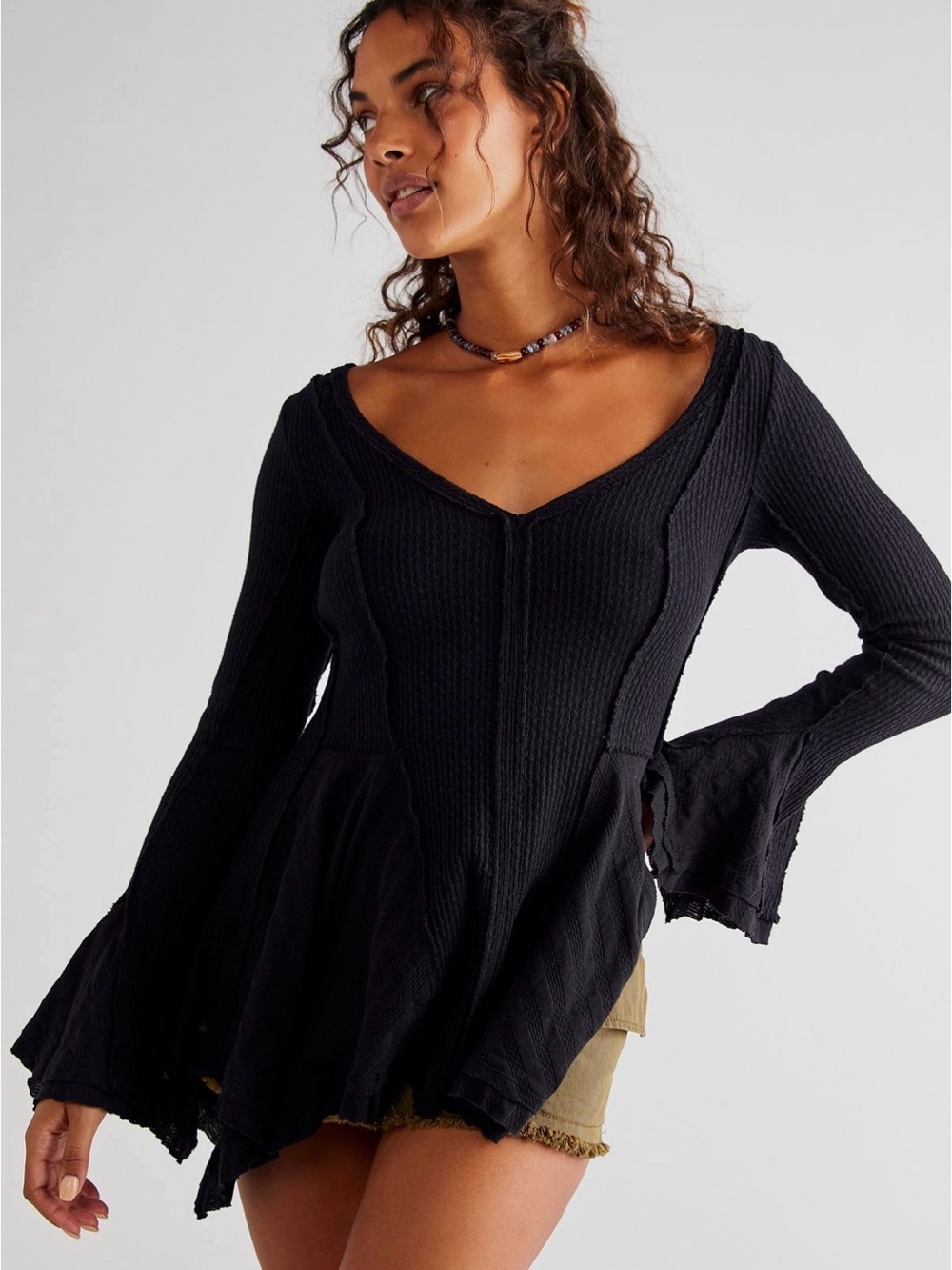 Free People Primrose Thermal Black V-Neck Ribbed Peplum Tunic